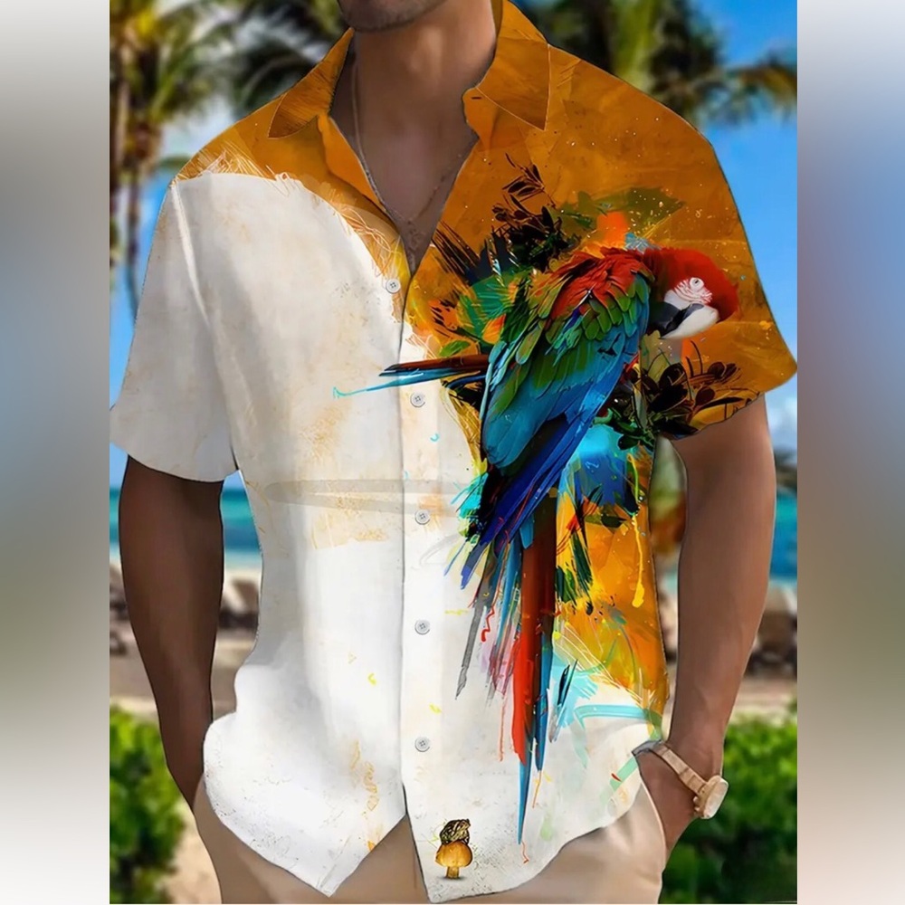 Parrot Splash Print Short Sleeve White Shirt w Lapel Collar (2XL)